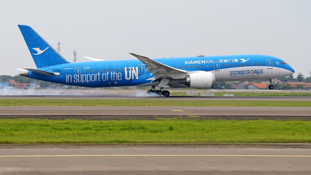 XiamenAir aircraft with UN support livery landing on runway, promoting sustainable goals.